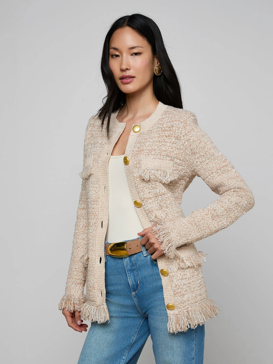 Kastoria Fringe Cardigan in Natural Multi Boucle