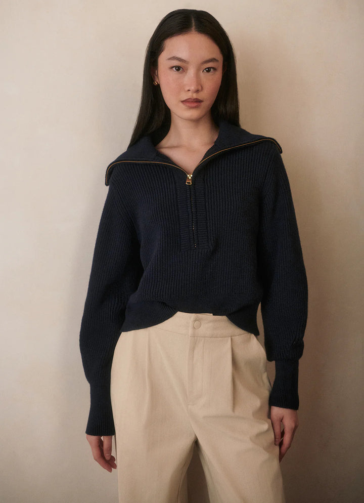 Maura Half Zip Rib Knit in Navy