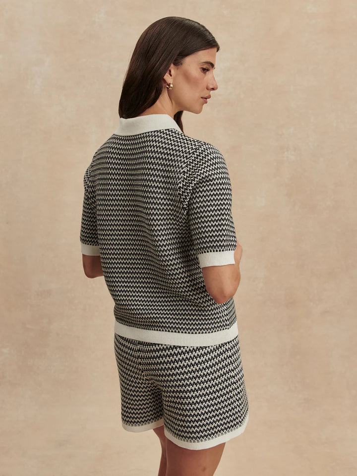 Gaelle Polo Knit Top in Snow White/ Black