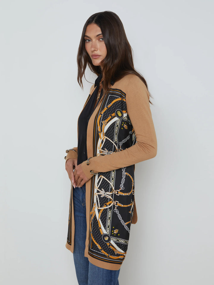 Beverly Silk Panel Cardigan in Black Camel Buckle Scarf