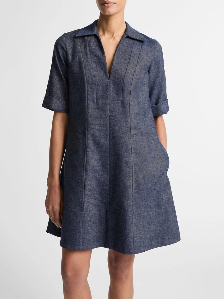 Cotton-Linen Chambray A-Line Dress in Indigo