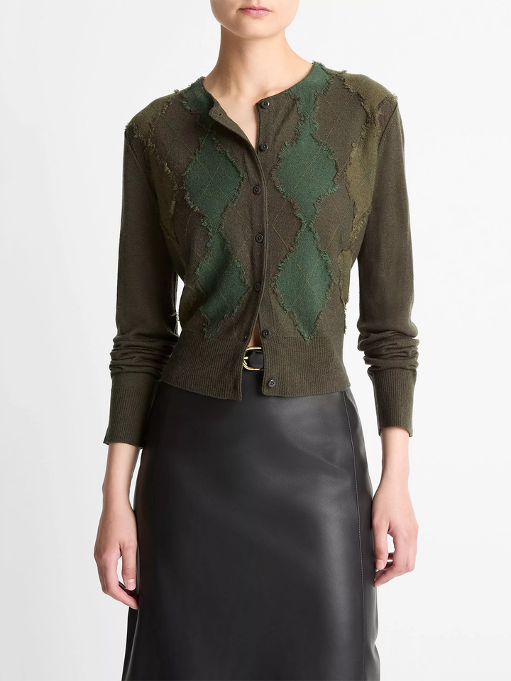 Hand-Cut Argyle Wool-Blend Cardigan in Verde