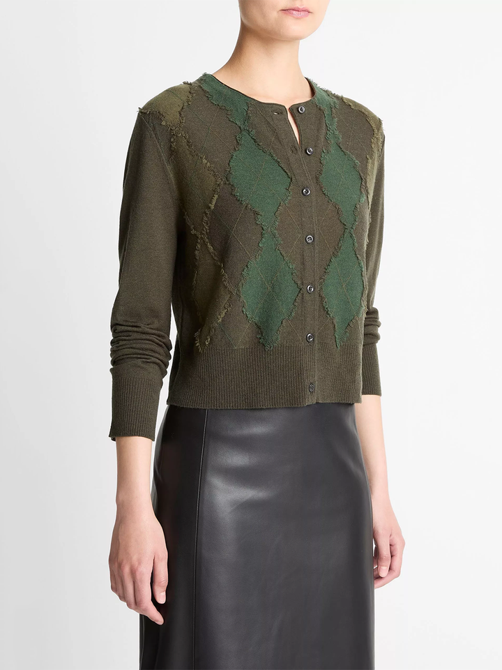 Hand-Cut Argyle Wool-Blend Cardigan in Verde