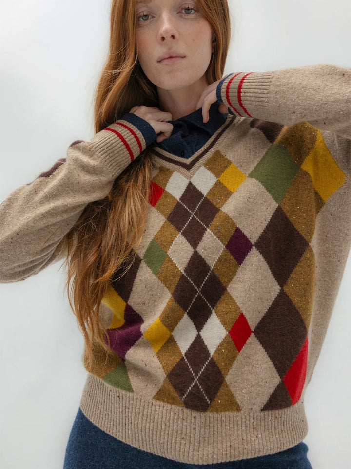 Oddball Argyle V-Neck in Haystack Donegal