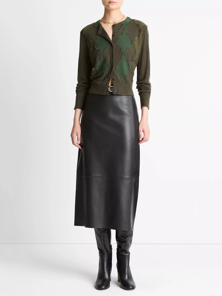 Hand-Cut Argyle Wool-Blend Cardigan in Verde