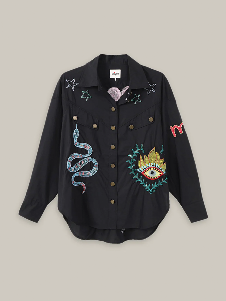 Adelyn Denim Embroidered Shirt in Black