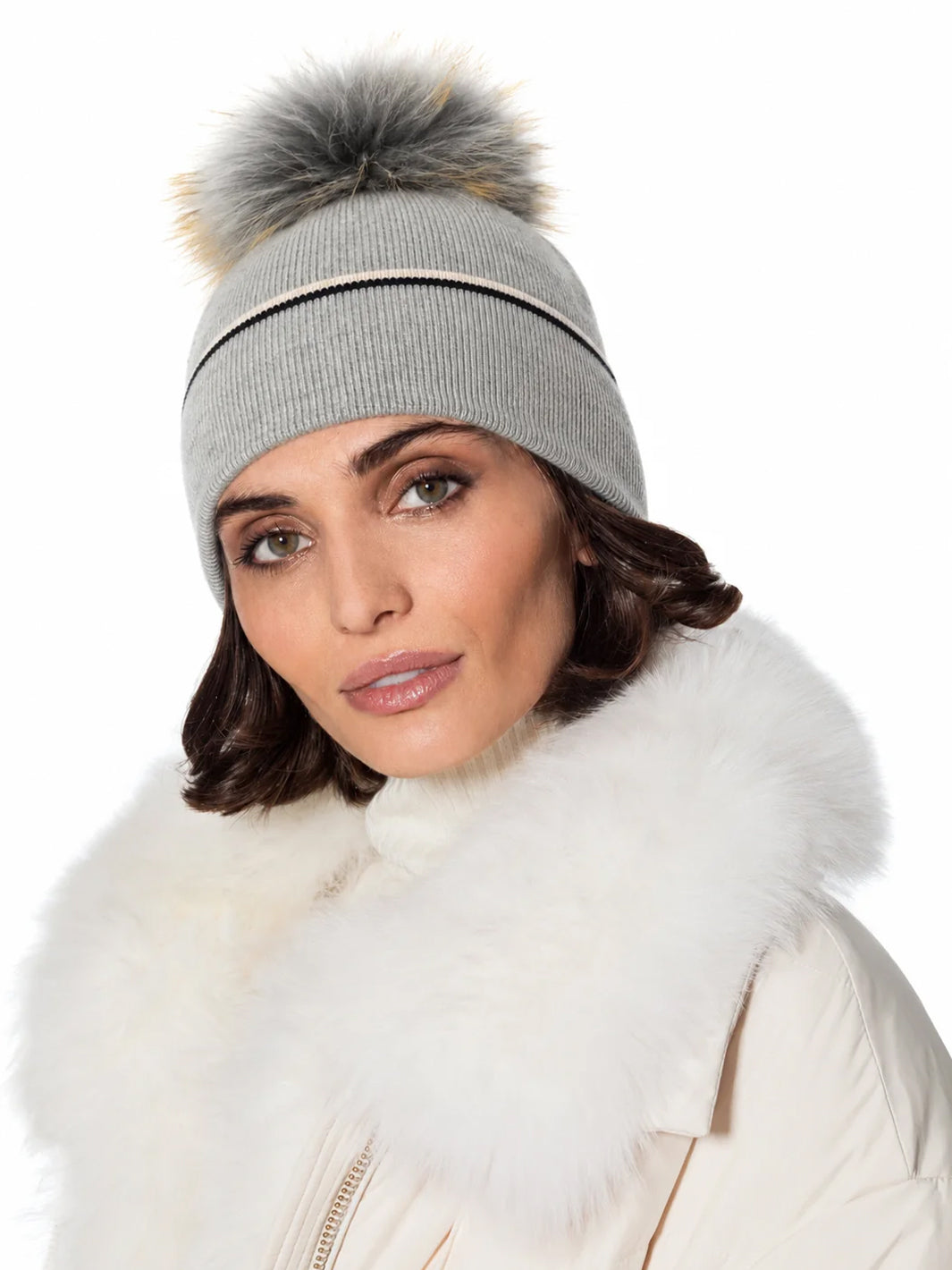 Angora Pom Hat in Dove/Cream Black