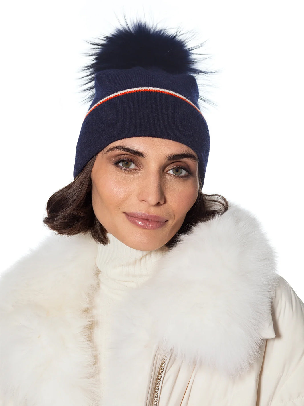 Angora Pom Hat in Navy/Cream/Orange