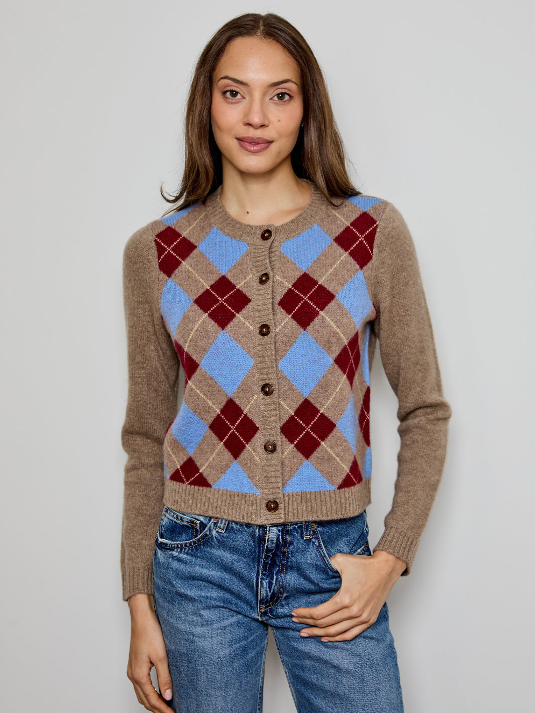 Argyle Cardigan in Ecru Red Blue