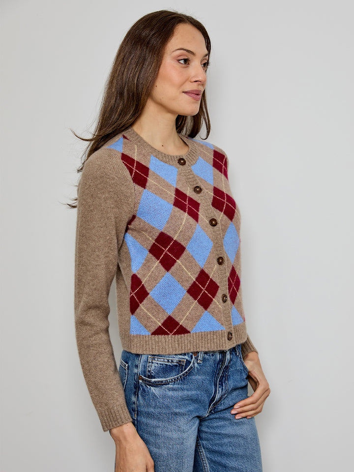 Argyle Cardigan in Ecru Red Blue