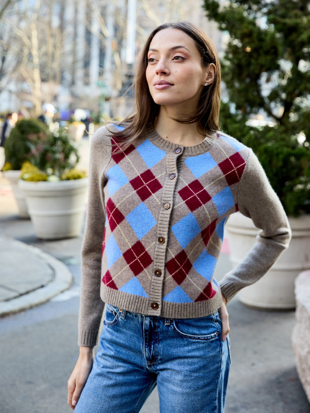 Argyle Cardigan in Ecru Red Blue