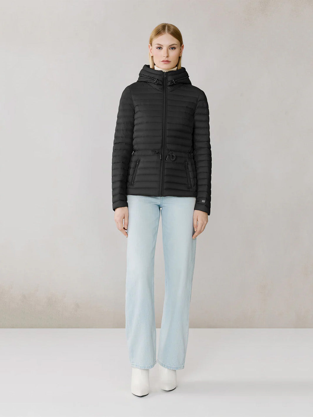 Ayleen Packable Down Cinch-Waist Jacket in Black