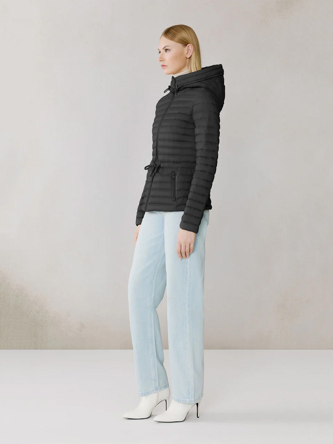 Ayleen Packable Down Cinch-Waist Jacket in Black