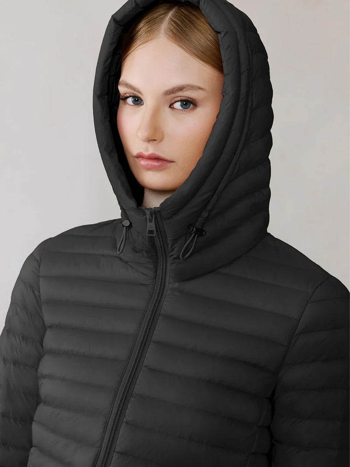 Ayleen Packable Down Cinch-Waist Jacket in Black