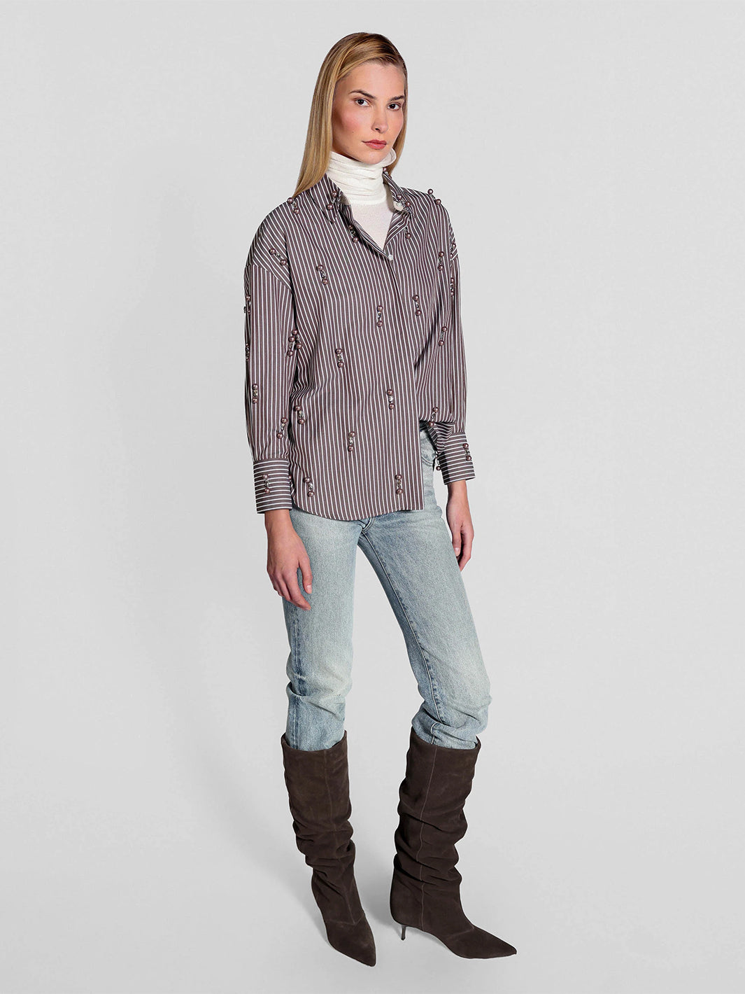 Echo Stripe Crystal Boyfriend Shirt in Huckleberry