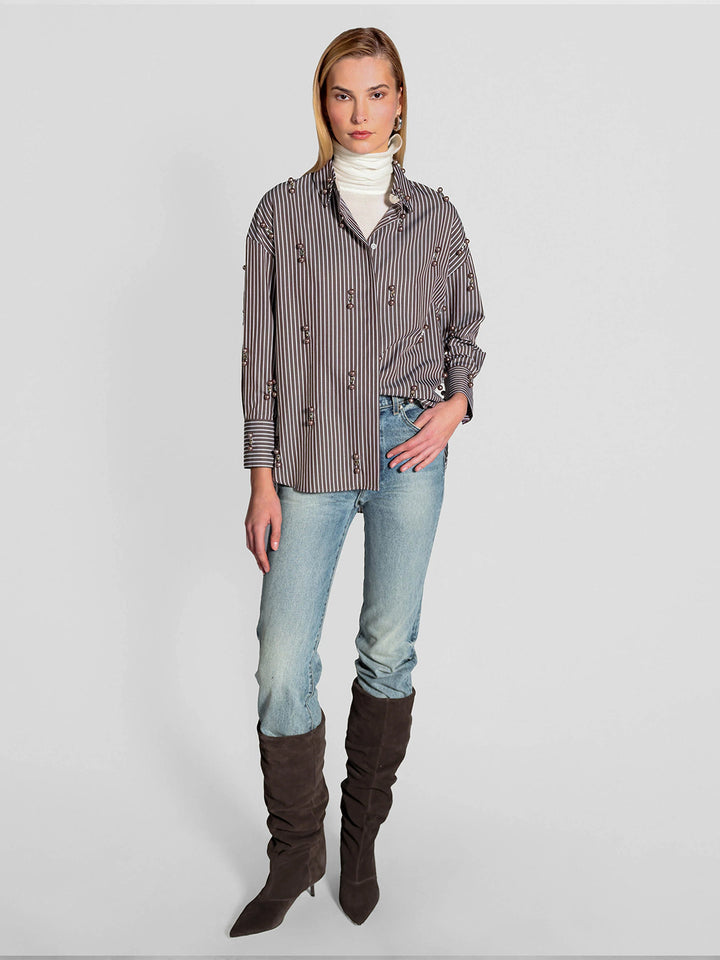 Echo Stripe Crystal Boyfriend Shirt in Huckleberry