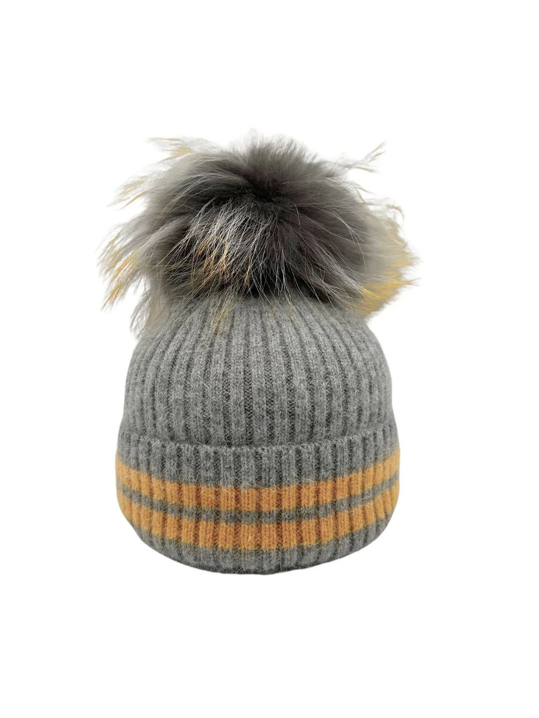 Angora Blend Hat w/ Stripe Detail in Grey/Golden