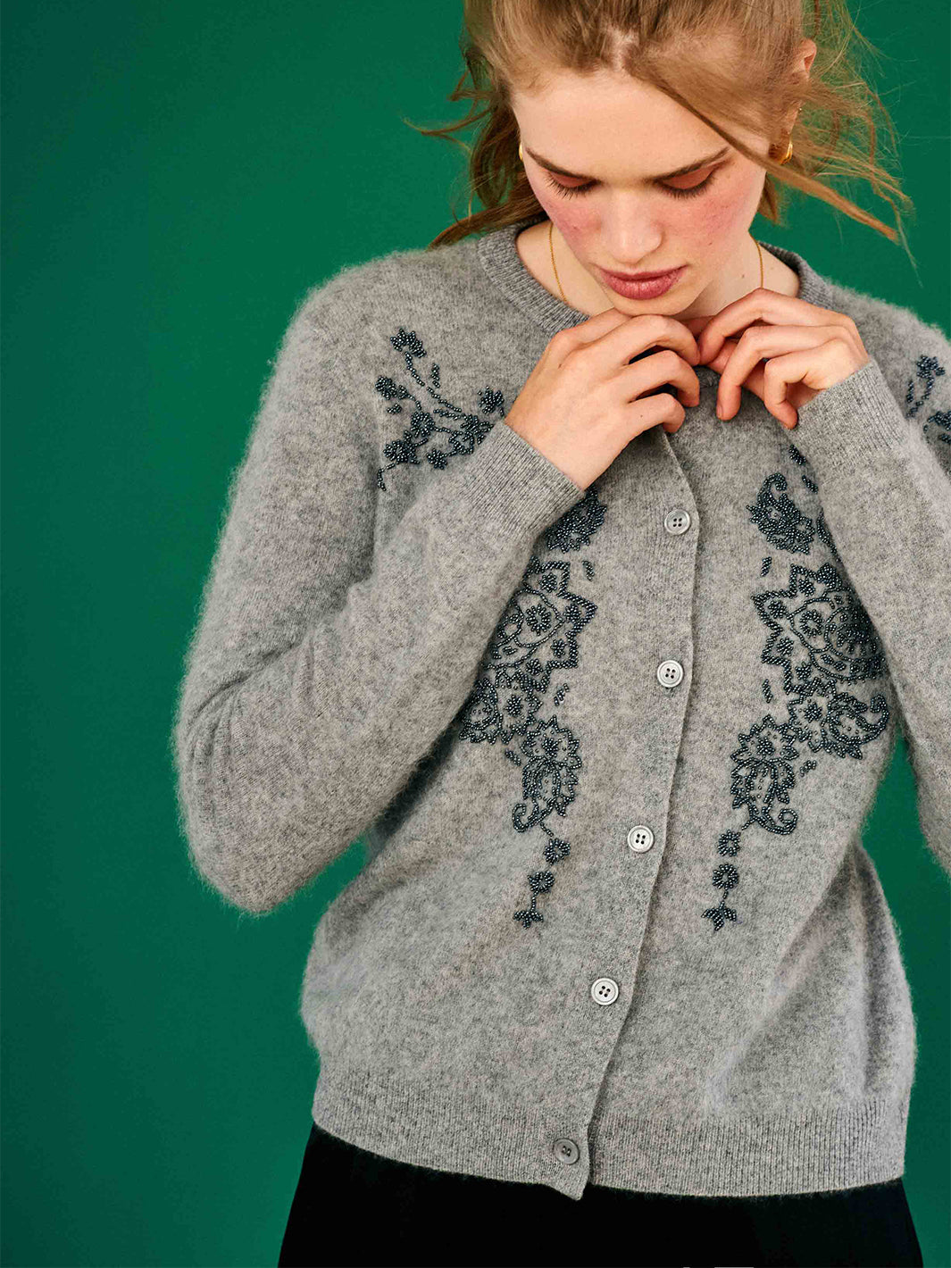 Brushed Wool Beaded Paisley Cardigan in Mid Grey