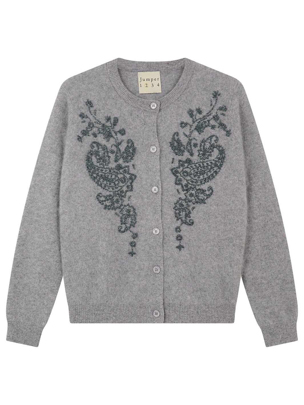 Brushed Wool Beaded Paisley Cardigan in Mid Grey