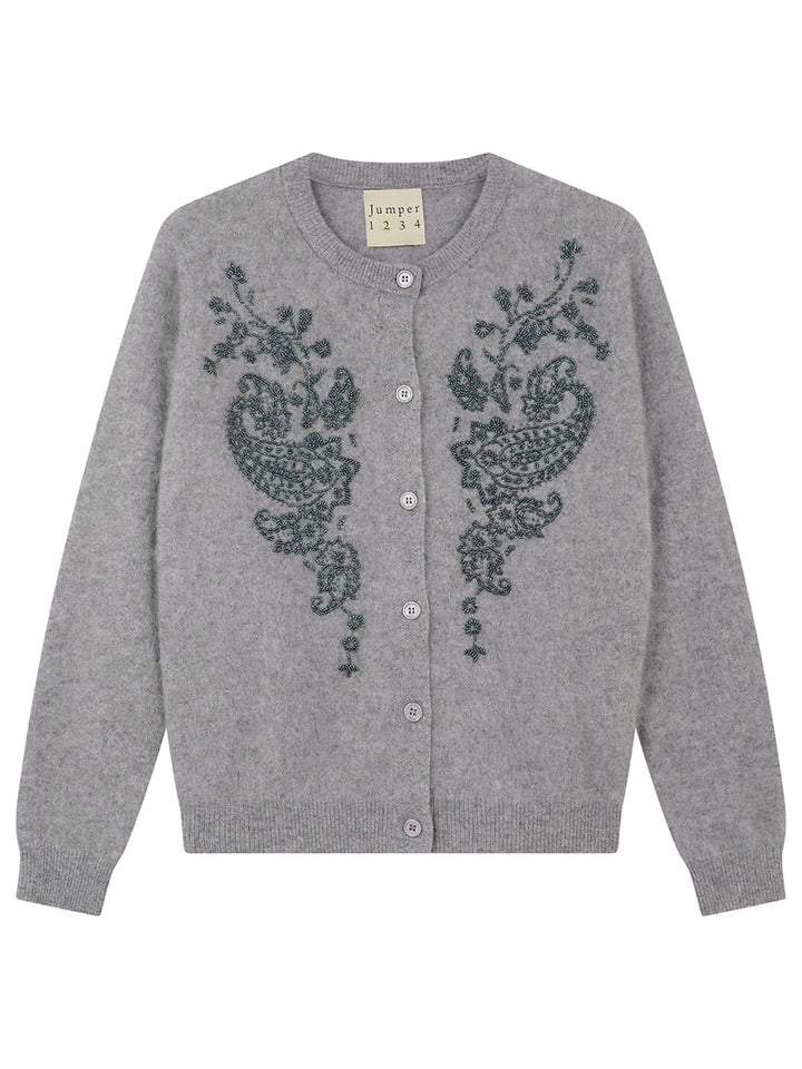 Brushed Wool Beaded Paisley Cardigan in Mid Grey