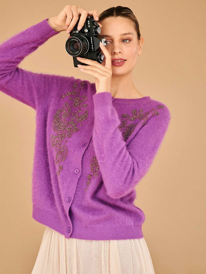 Brushed Wool Beaded Paisley Cardigan in Purple