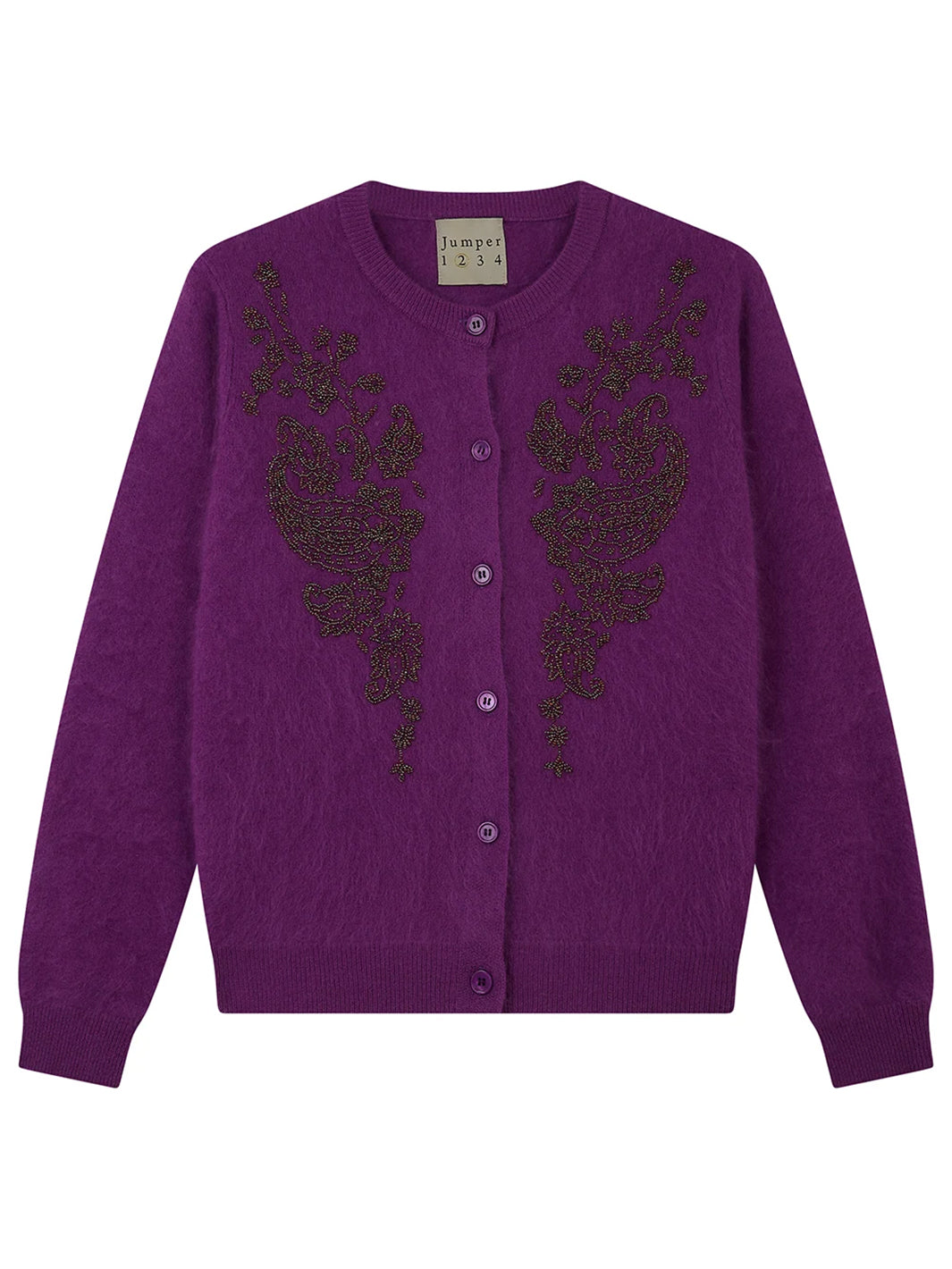 Brushed Wool Beaded Paisley Cardigan in Purple