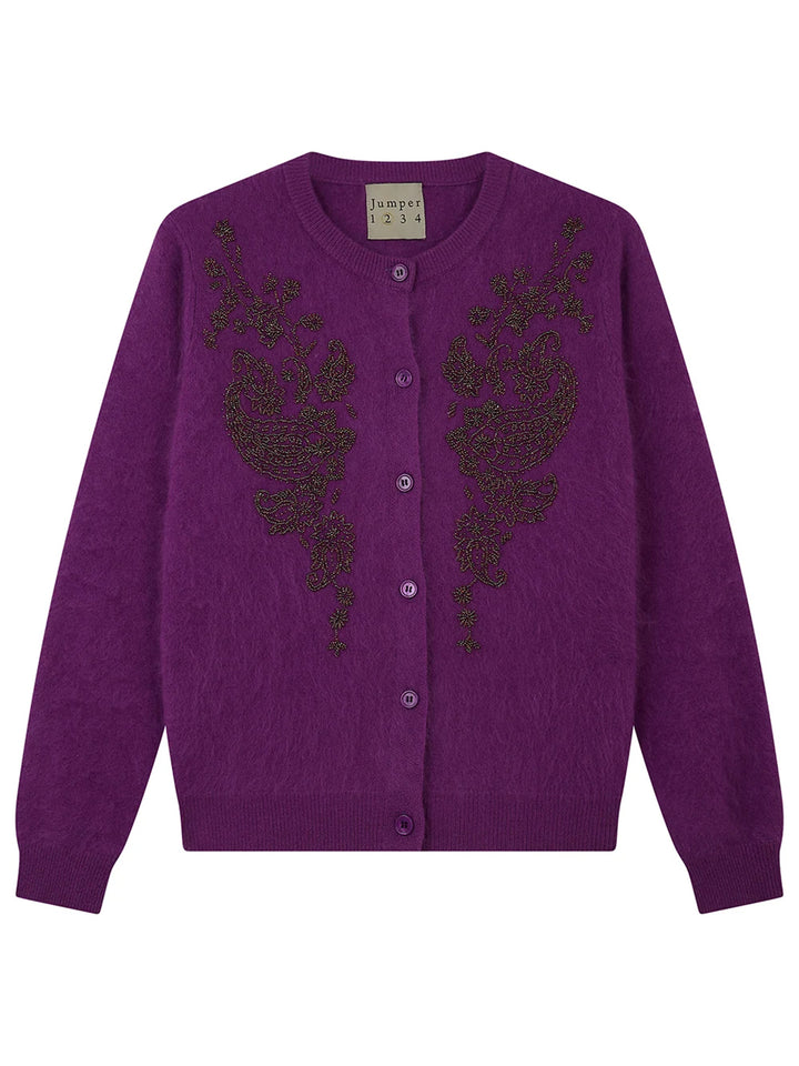 Brushed Wool Beaded Paisley Cardigan in Purple
