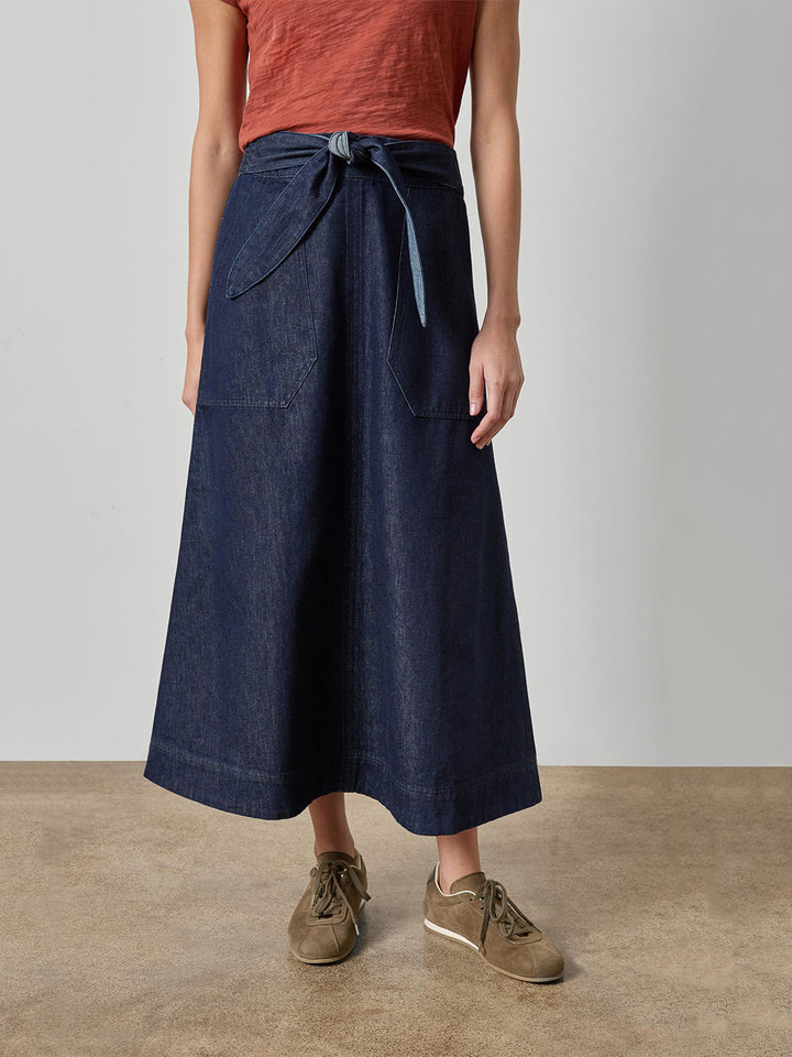 Belted Pocket Front Skirt in Dark Wash Blue
