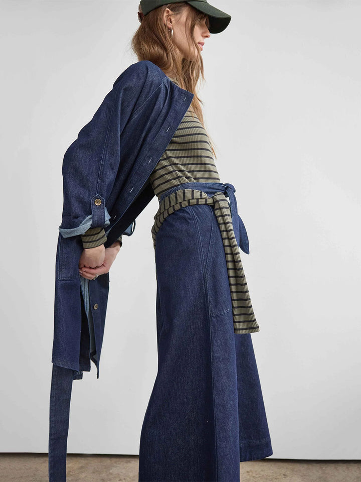 Belted Pocket Front Skirt in Dark Wash Blue