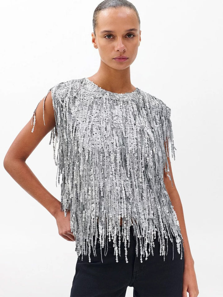 Billie Sequined Tassel Top in Gunmetal