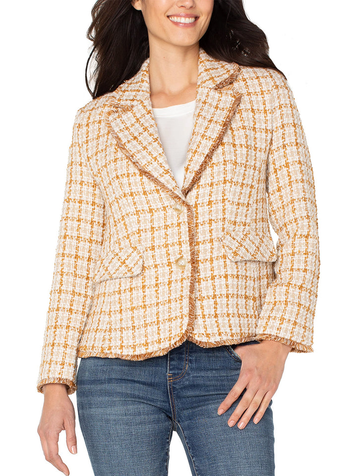 Blazer with Fray Edges in Gold Khaki Plaid