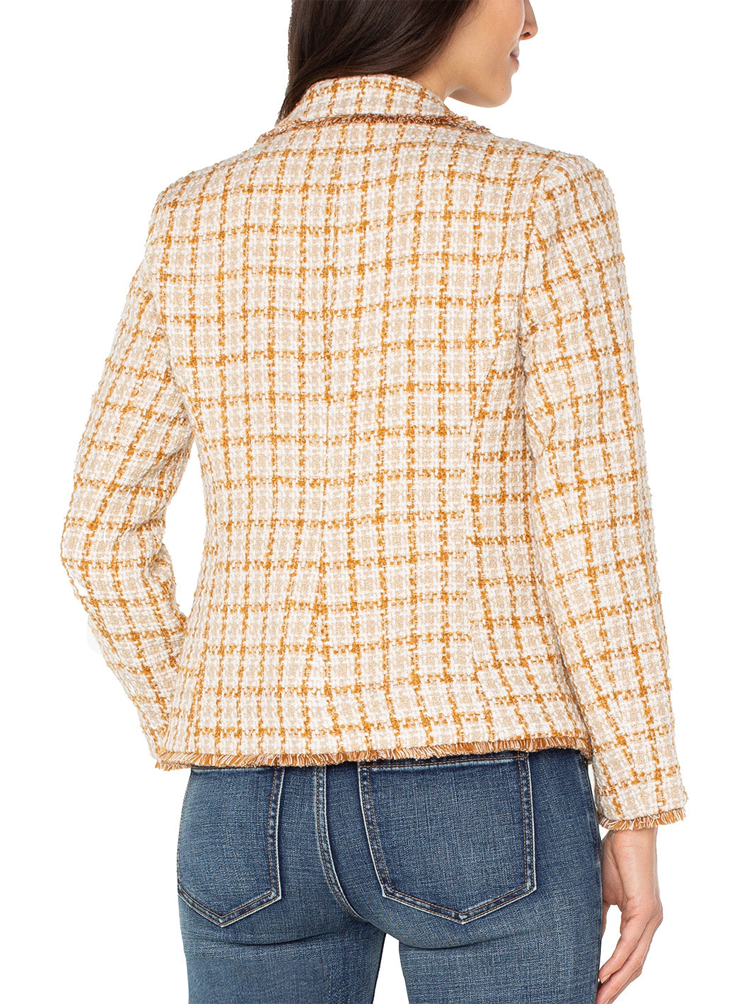 Blazer with Fray Edges in Gold Khaki Plaid