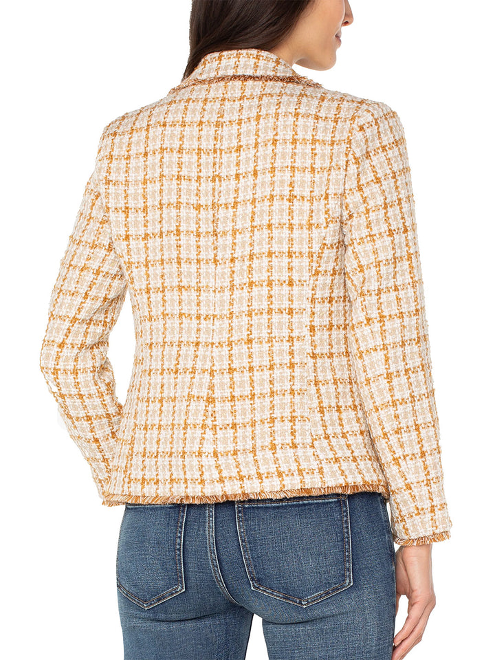 Blazer with Fray Edges in Gold Khaki Plaid