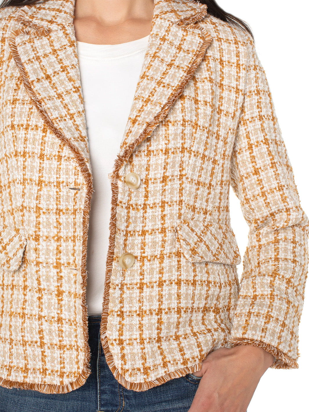 Blazer with Fray Edges in Gold Khaki Plaid