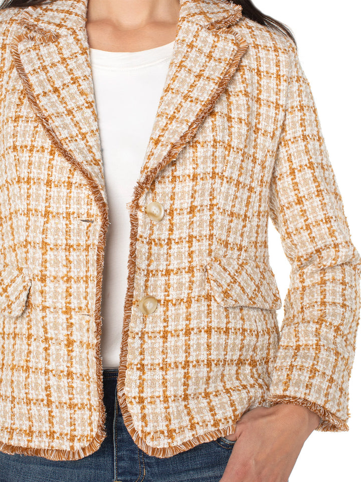 Blazer with Fray Edges in Gold Khaki Plaid