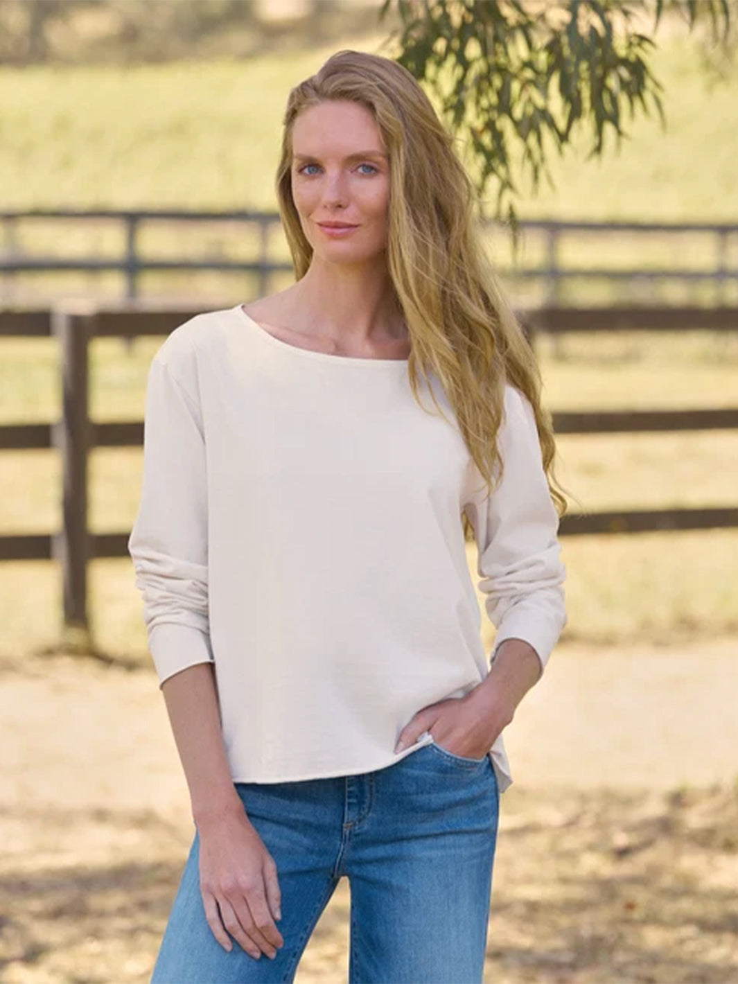 Ella Long Sleeve Boatneck Tee in Vintage White