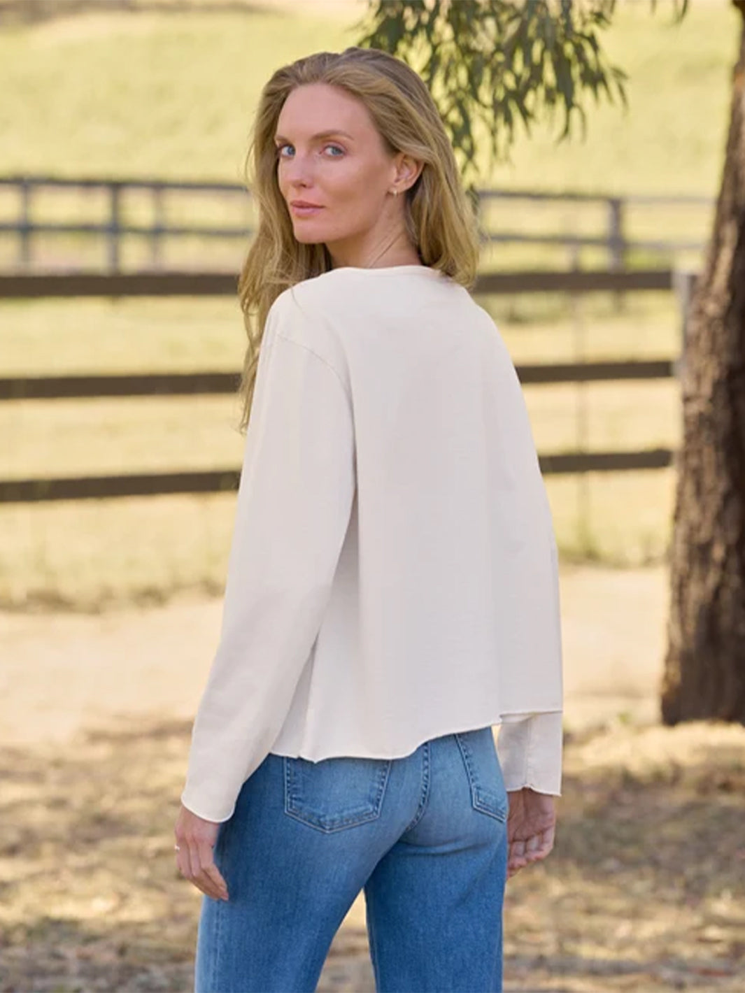 Ella Long Sleeve Boatneck Tee in Vintage White