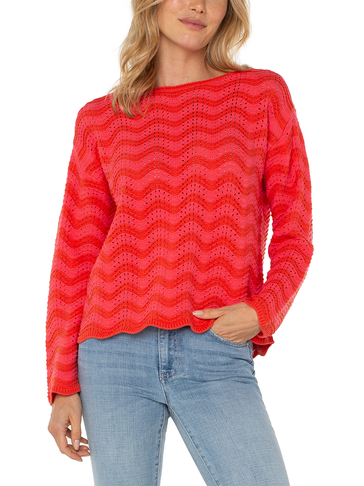 Long Sleeve Boatneck Sweater in Pink Red Stripe