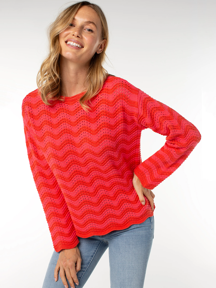 Long Sleeve Boatneck Sweater in Pink Red Stripe