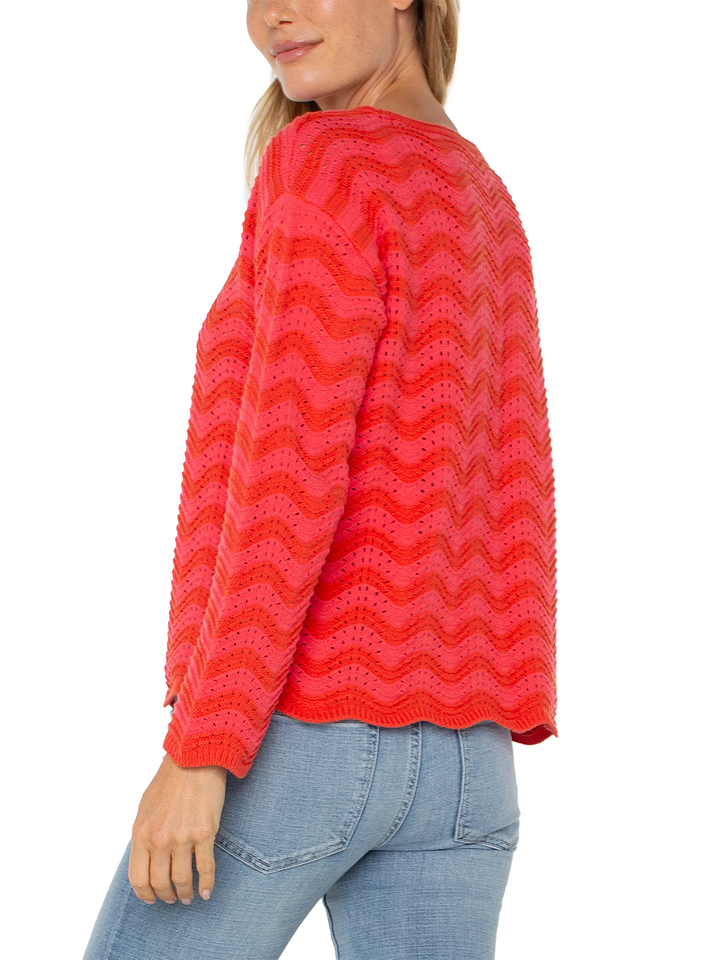 Long Sleeve Boatneck Sweater in Pink Red Stripe