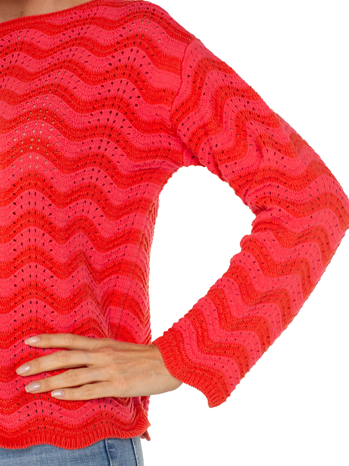 Long Sleeve Boatneck Sweater in Pink Red Stripe