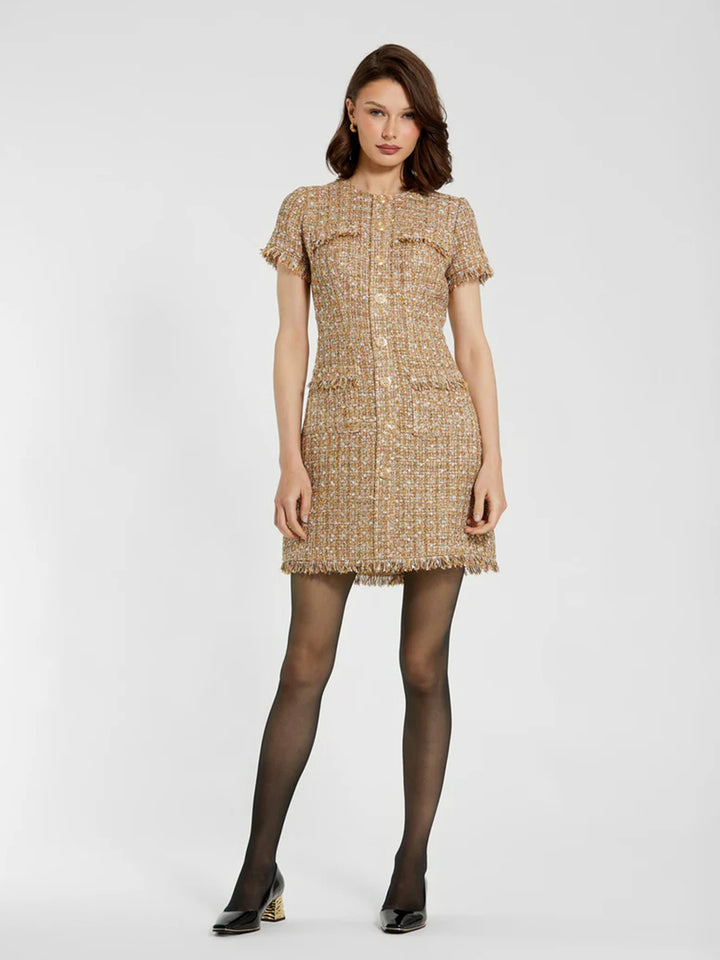 Boucle Short Sleeve Mini Dress in Latte Multi