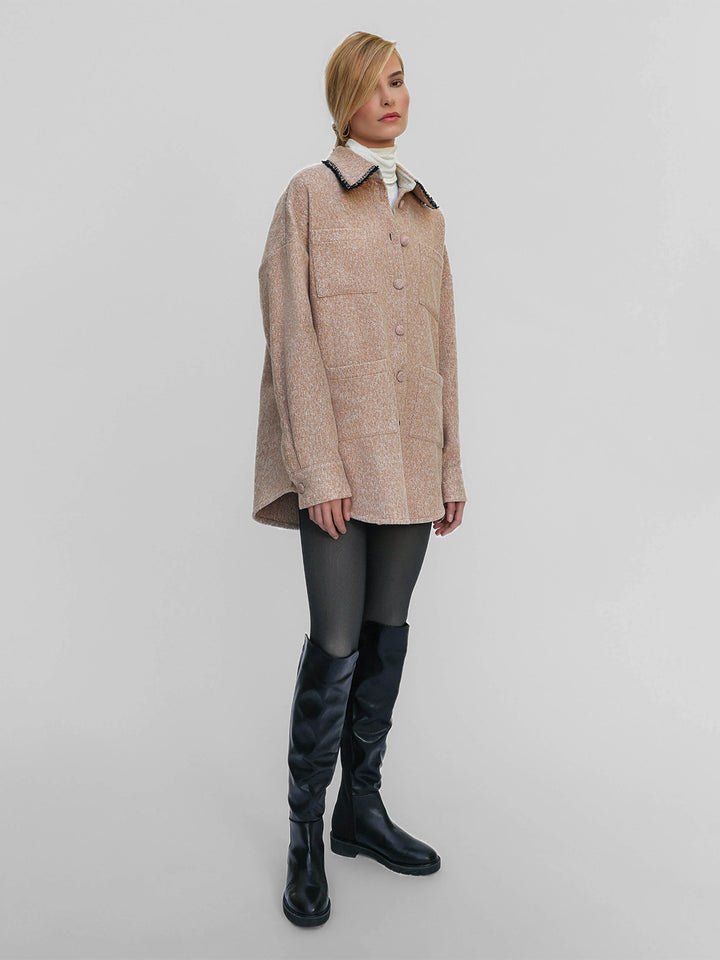 Athena Bouclé Trim Overshirt in Maple
