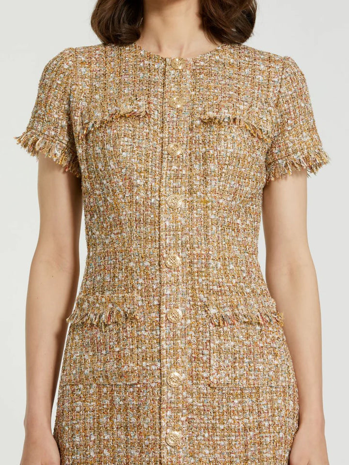 Boucle Short Sleeve Mini Dress in Latte Multi