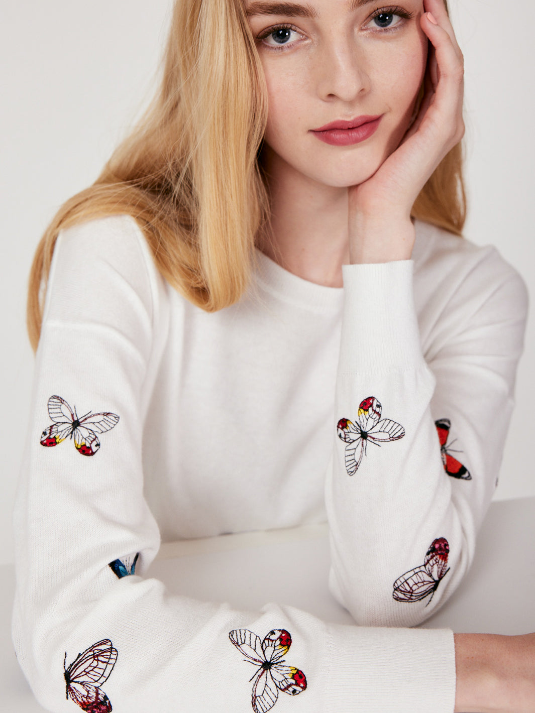Embroidered Butterfly Crew in White