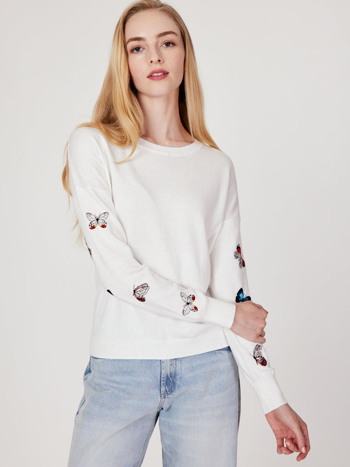Embroidered Butterfly Crew in White