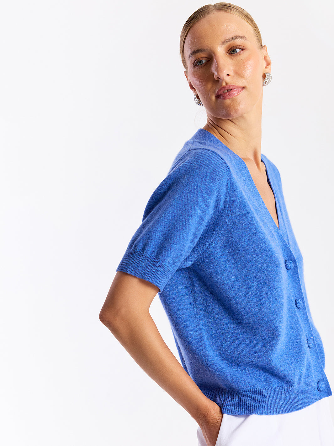 Button Up Short Sleeve Cardi in Carolina