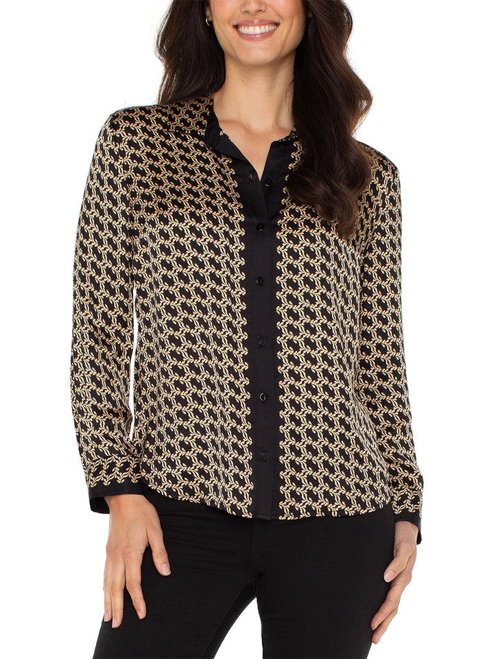 Long Sleeve Button Front Woven Shirt in Black Gold