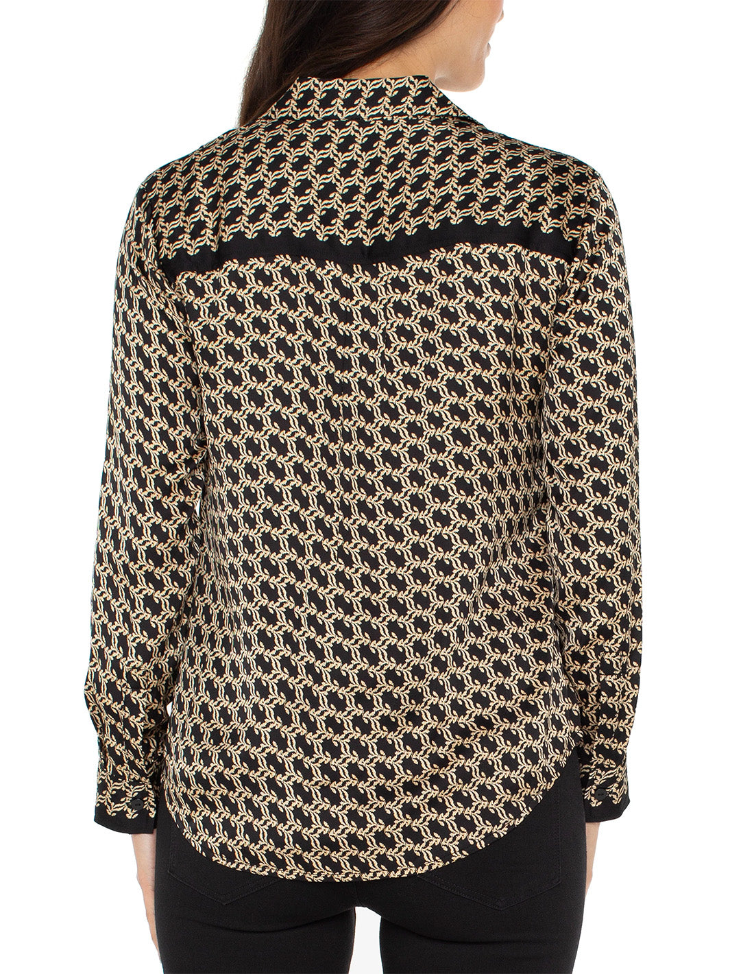Long Sleeve Button Front Woven Shirt in Black Gold