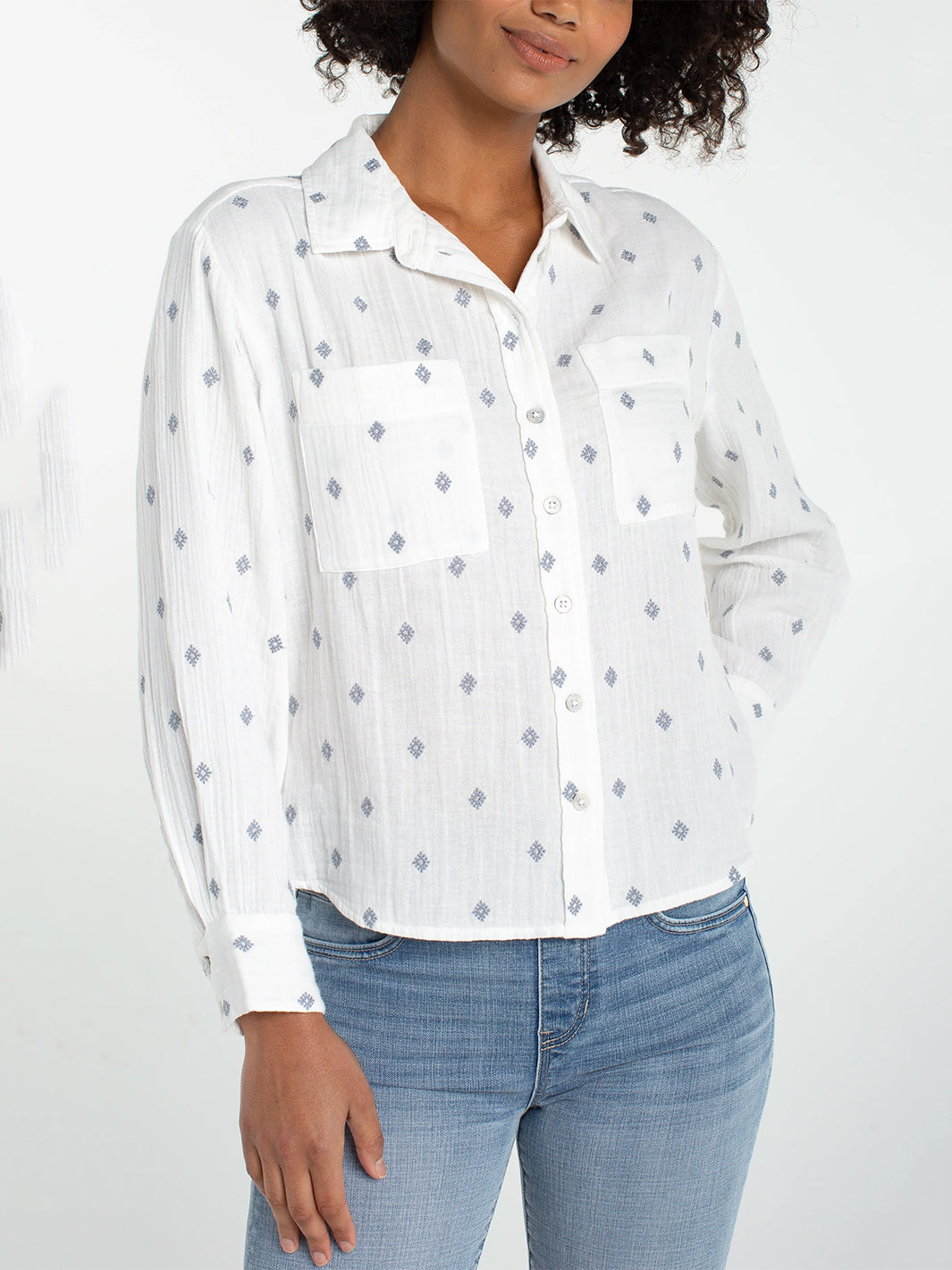 Button Front Shirt W/ High Low Hem in Off White
